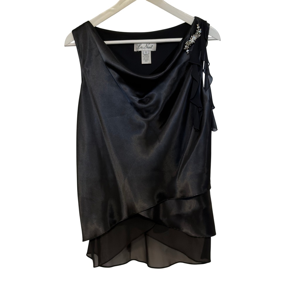 La Nuit Black Satin Cowl Neck Sleeveless Top Rhinestone Brooch Brocade Sz 10